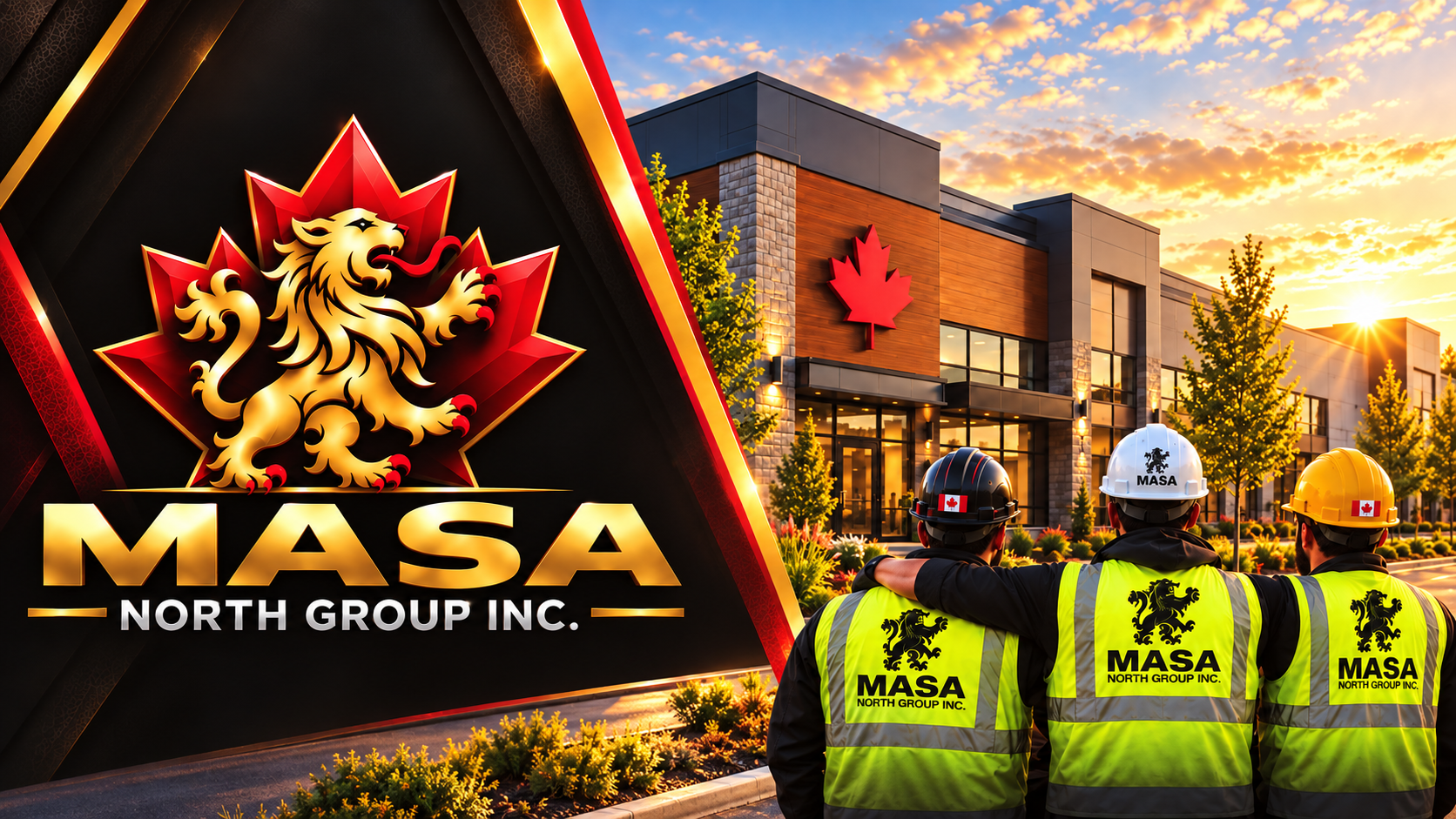 MASA brand illustration showing the company identity and a team facing a completed commercial building at sunset
